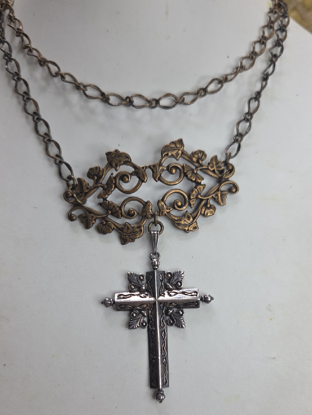 Antique 10k Gold Filled & 925 Sterling Silver Two-Tone Cross Pendant Necklace -
